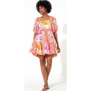OLIPHANT Bubble Skirt Mini Cotton Smocked Dress Antigua Orange Print Tuckernuck